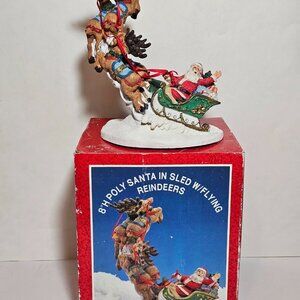 Vintage Jaimy Christmas Santa In Sled With Four Flying Reindeer Figurine 8" Tall